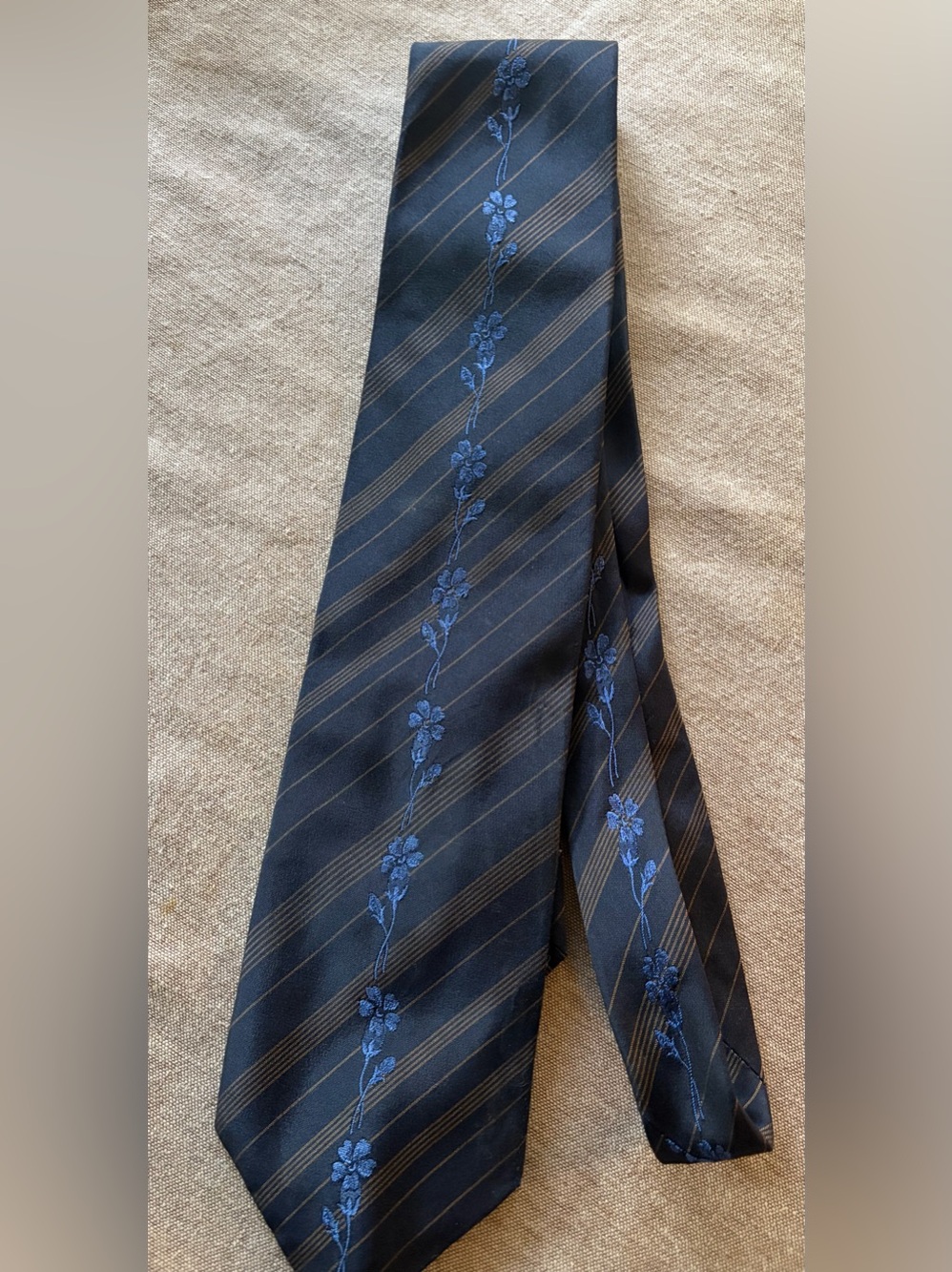 Kenzo Navy Tie with Blue Floral Embroidery and Subtle Stripes
